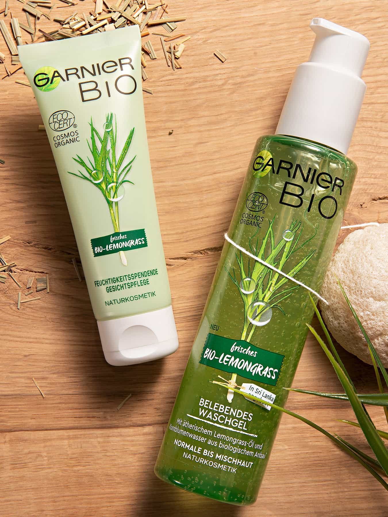 Garnier Bio Produkte und Zitronengras auf Tischplatte